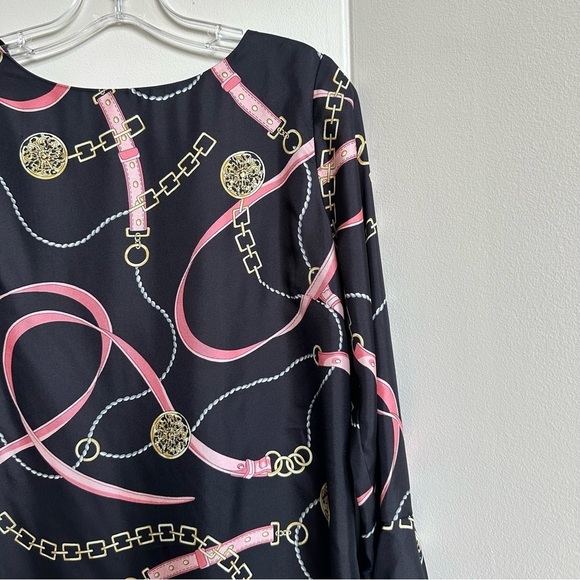 NWT Melly M 100% Silk Equestrian Print Ruffle Sleeve + Hem Mini Dress Black Pink - Picture 2 of 8